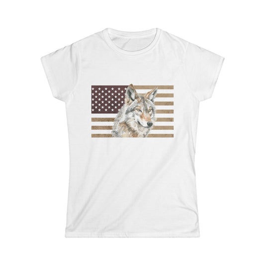 Wolf American Flag T-Shirt-Women's Softstyle T-Shirt